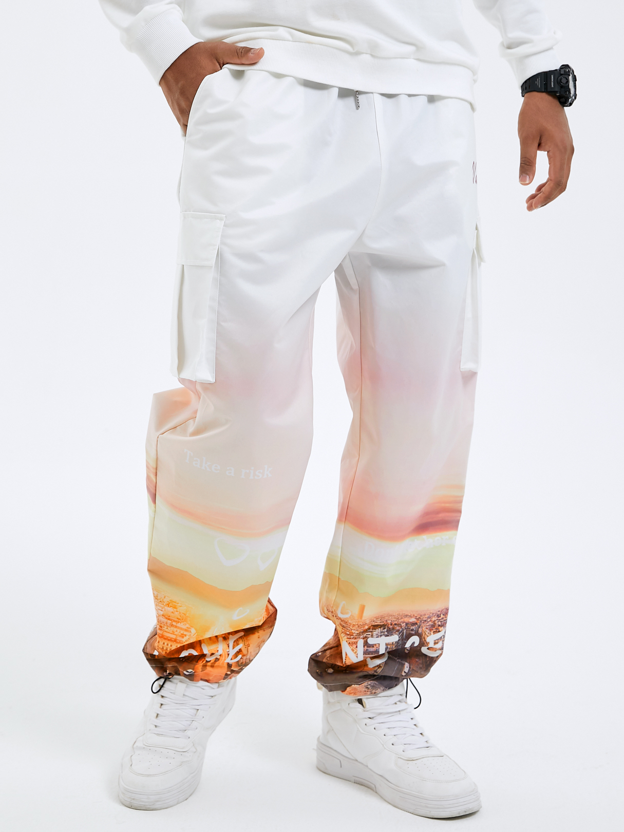 Men Fashion Gradual Color Drawstring Cargo Pants