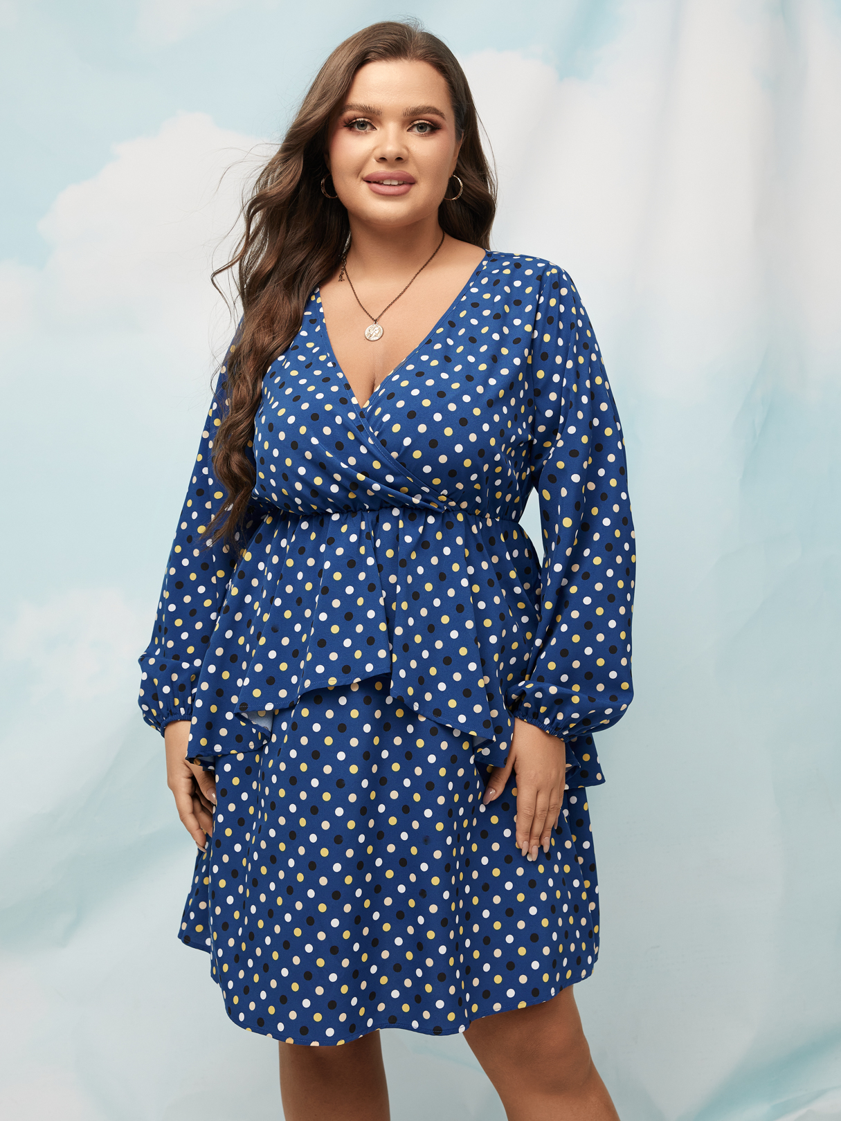 YOINS Plus Size V-neck Polka Dot Tiered Design Crossed Front Design Long Sleeves Dress