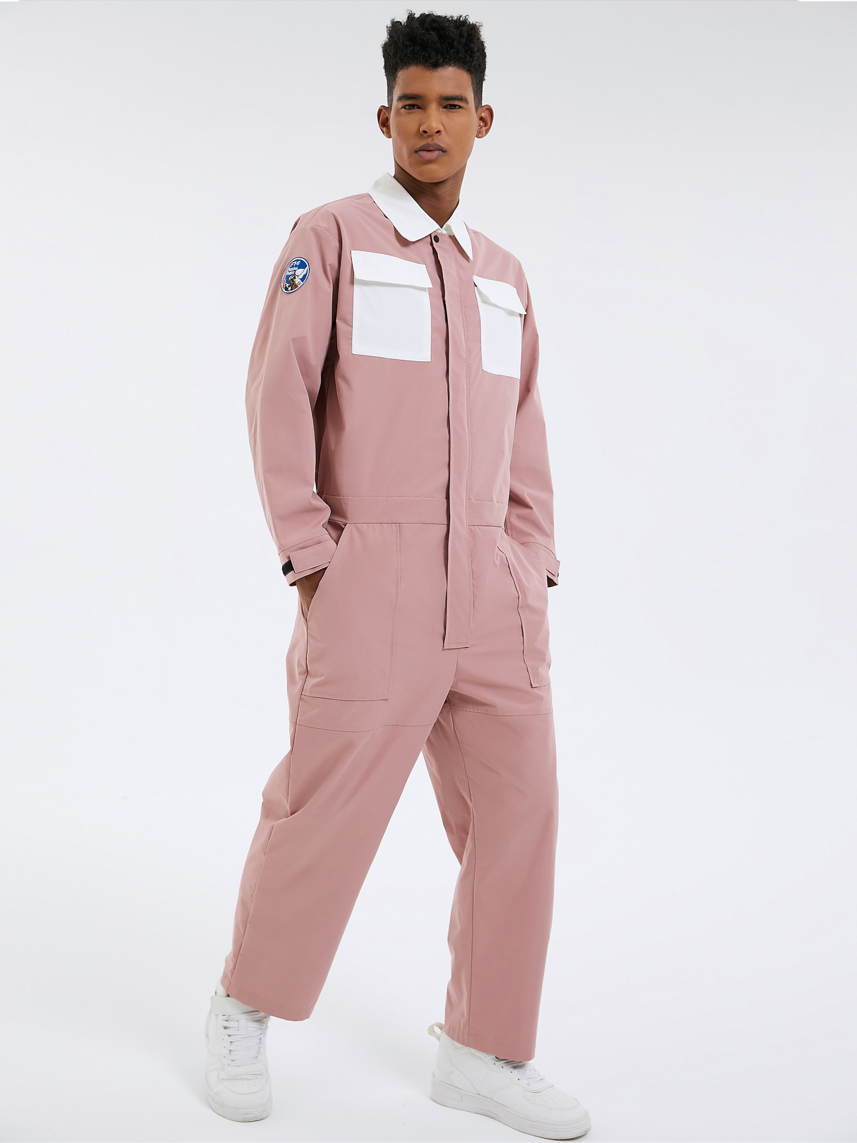 Men Hip Hop Style Zip Front Badge Design Overalls Jumpsuit