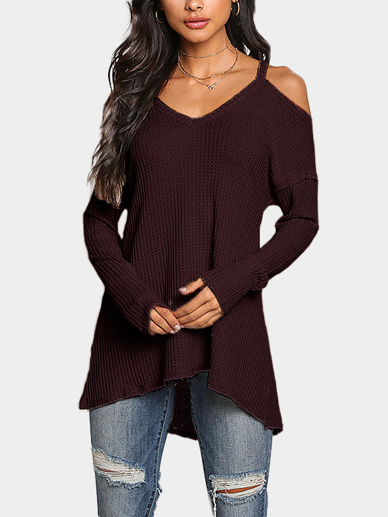 Burgundy Cold Shoulder Long Sleeves Knitted Top