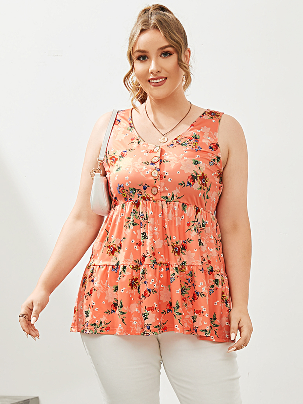 YOINS Plus Size V-neck Floral Print Button Design Tank Top