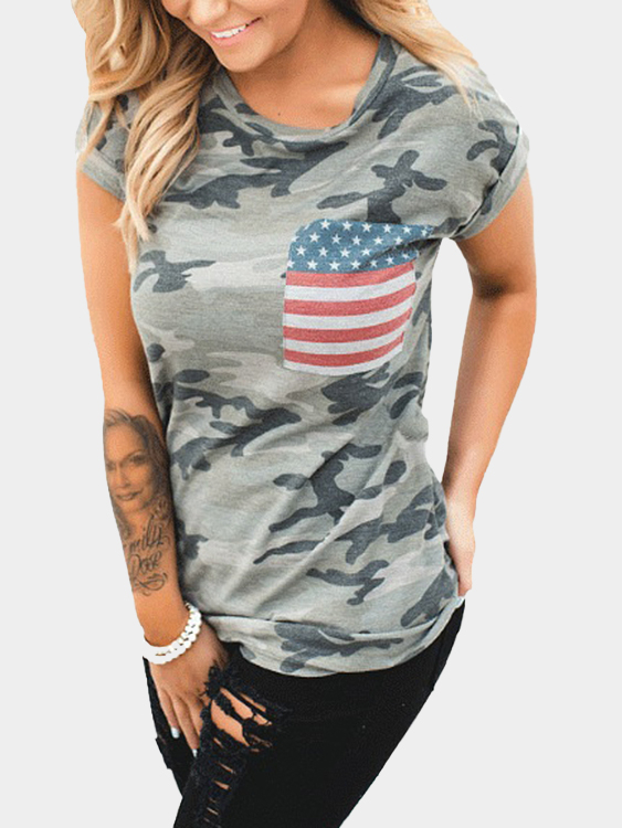 Camo Flag Printed Round Neck Short Sleeves T-shirts