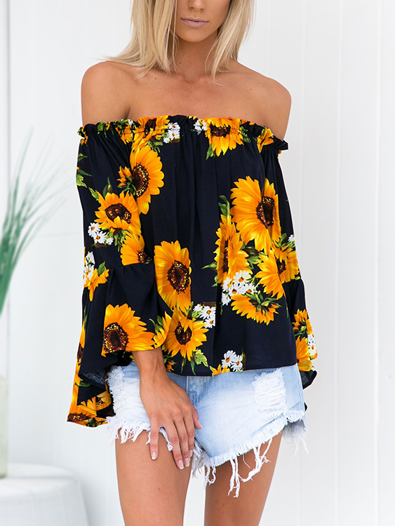 Random Sunflowers Floral Print Off Shoulder Flared Sleeves Blouse