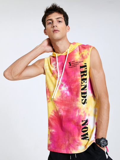 Men 100% Cotton Comfortable Fashion Tie Dye And Letter Hooded Tank