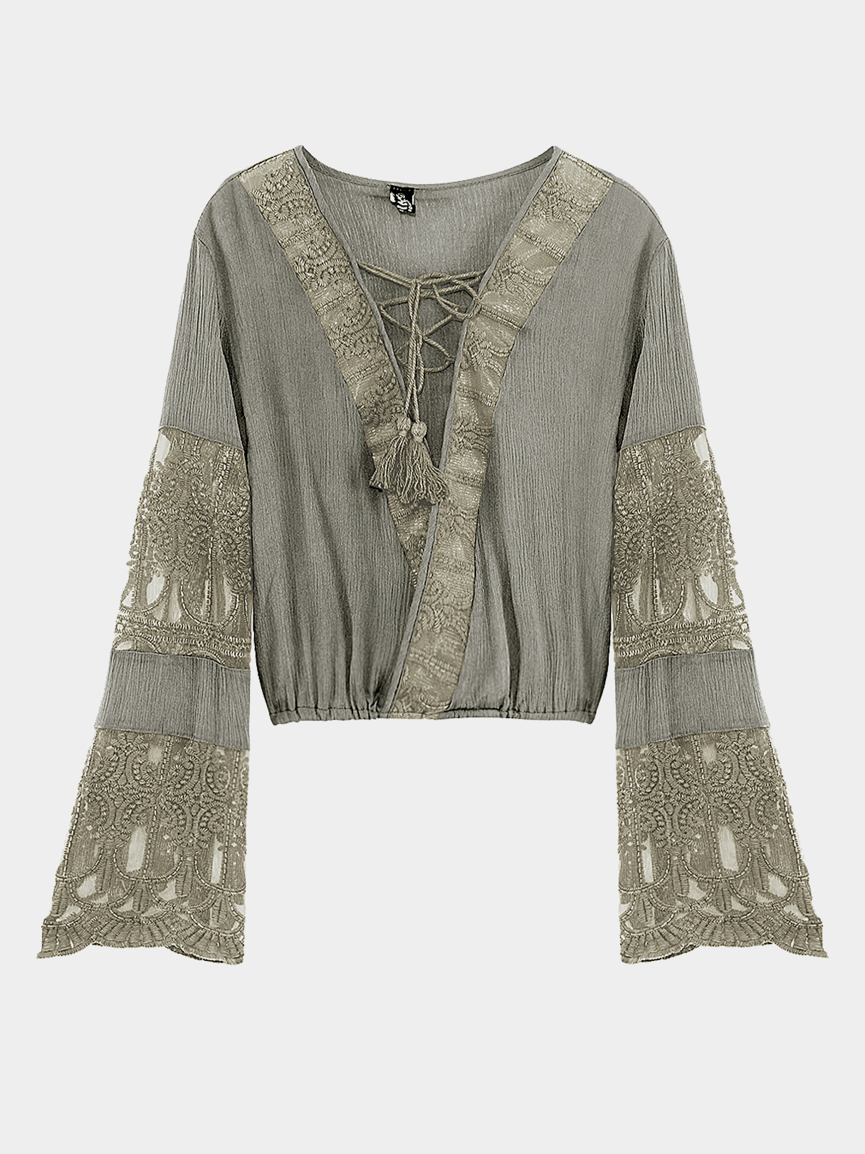 Grey Lace-up Flared Sleeves Top