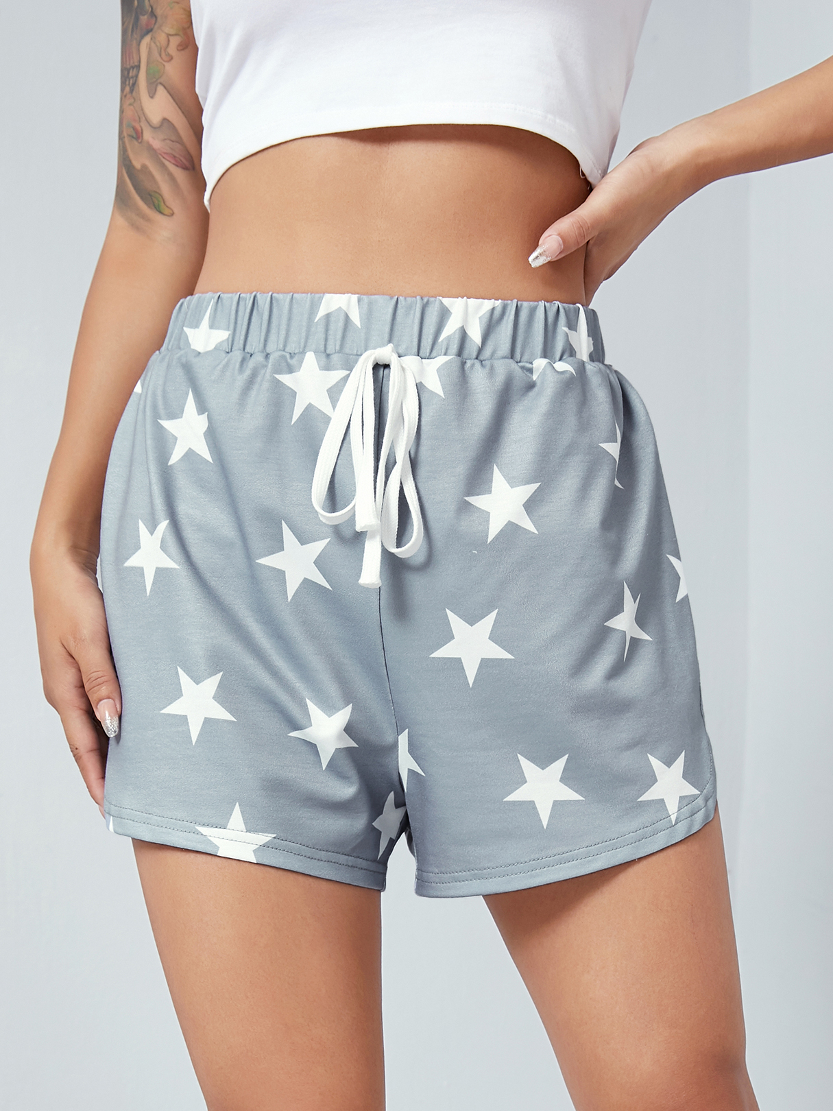 YOINS Grey Star Print Drawstring Waist Shorts