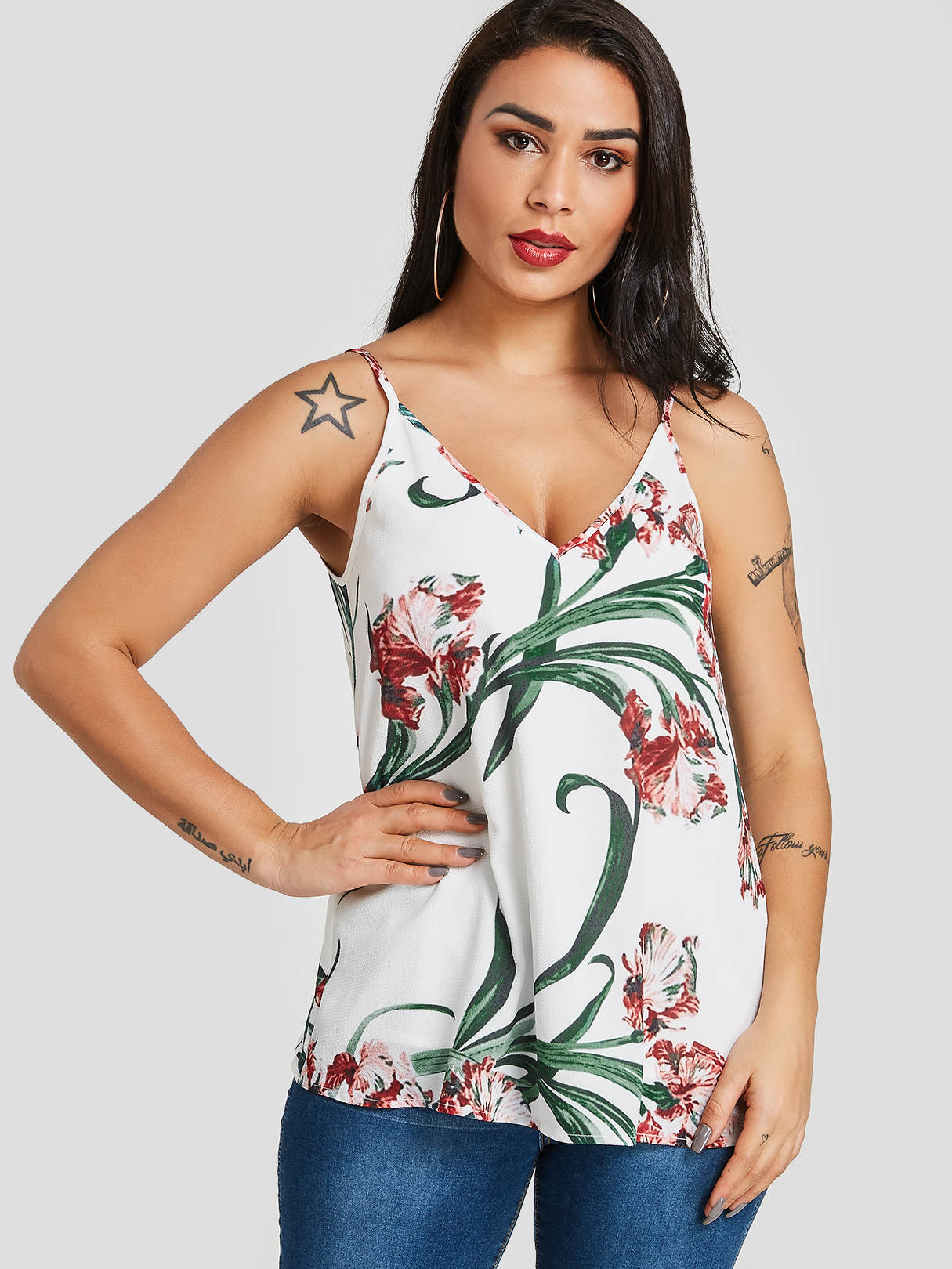 White Random Floral Print V neck Cami Top