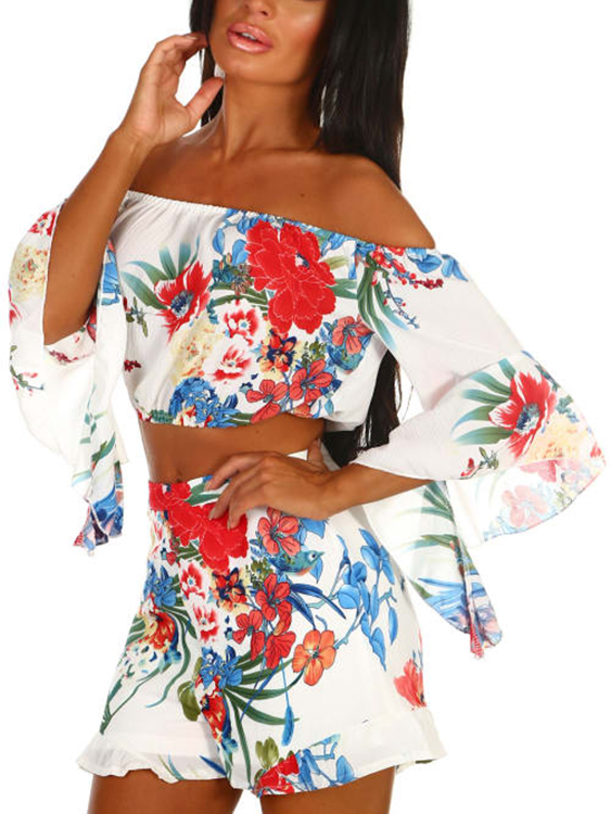 White Floral Print Off The Shoulder Bell Sleeves Two Piece Outfits