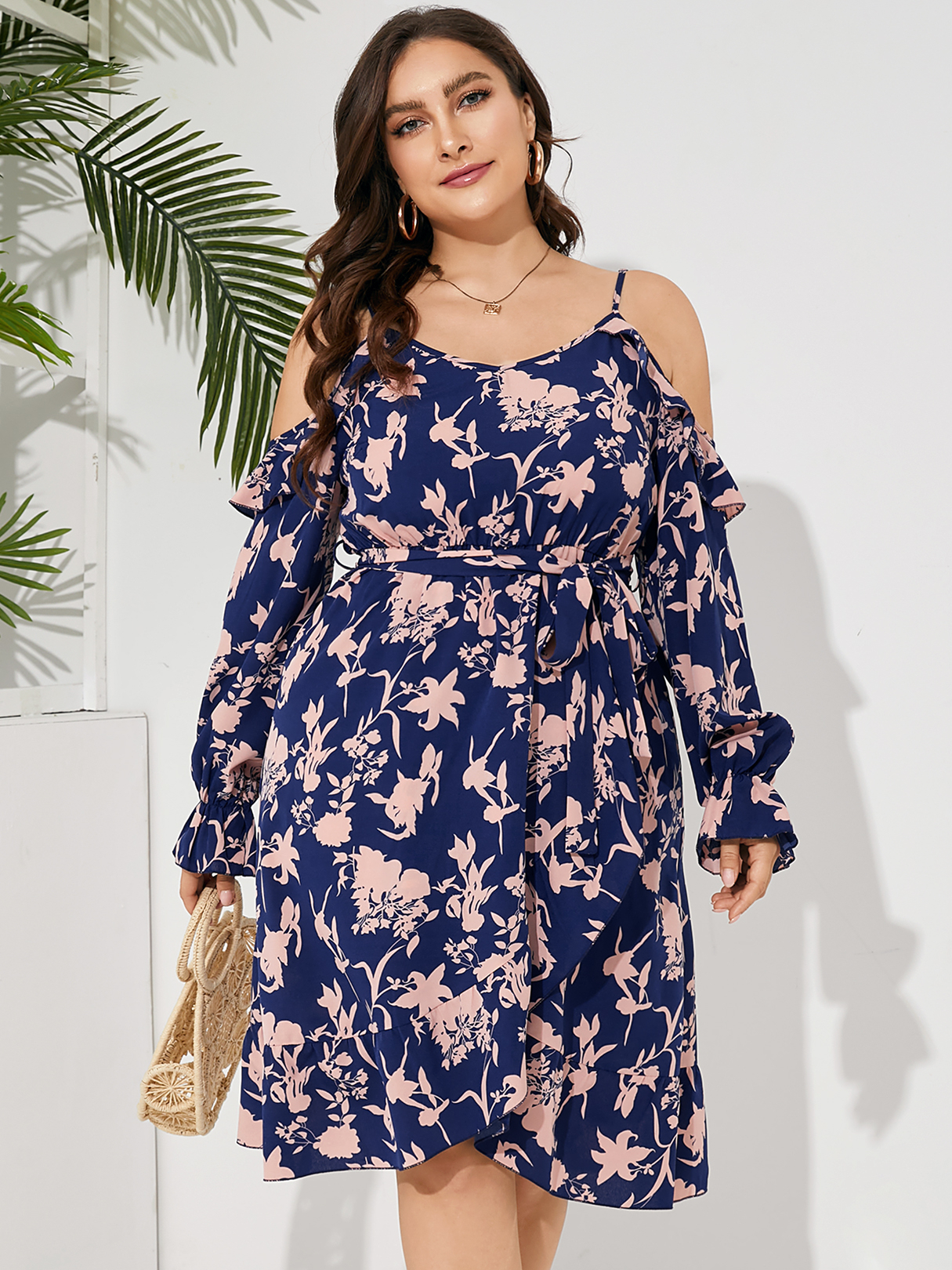 YOINS Plus Size Cold Shoulder Floral Print Long Sleeves Dress