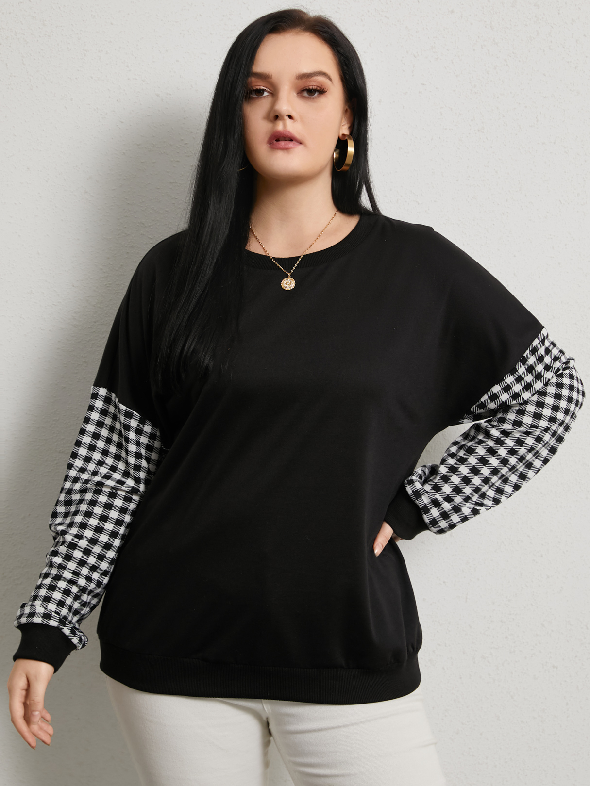 YOINS Plus Size Crew Neck Plaid Patchwork Sweatshirt