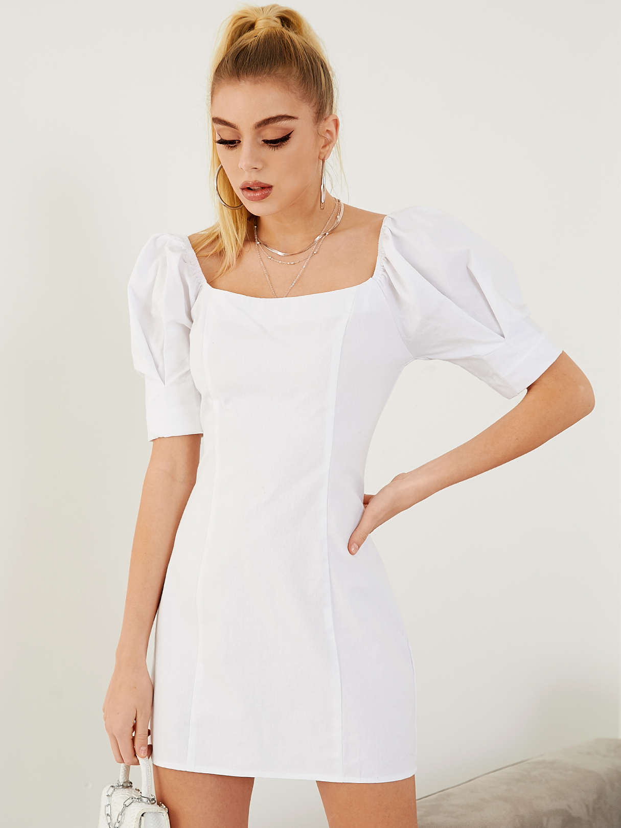 YOINS Square neck Puff sleeves Mini Dress