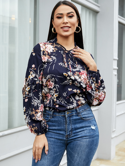 YOINS Navy Bowknot Floral Crew Neck Long Sleeves Blouse
