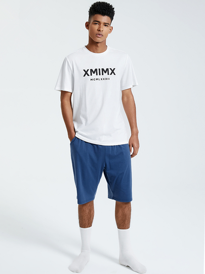 KOYYE Men Casual Letter Print Crew Neck Short Sleeve Pajamas Set