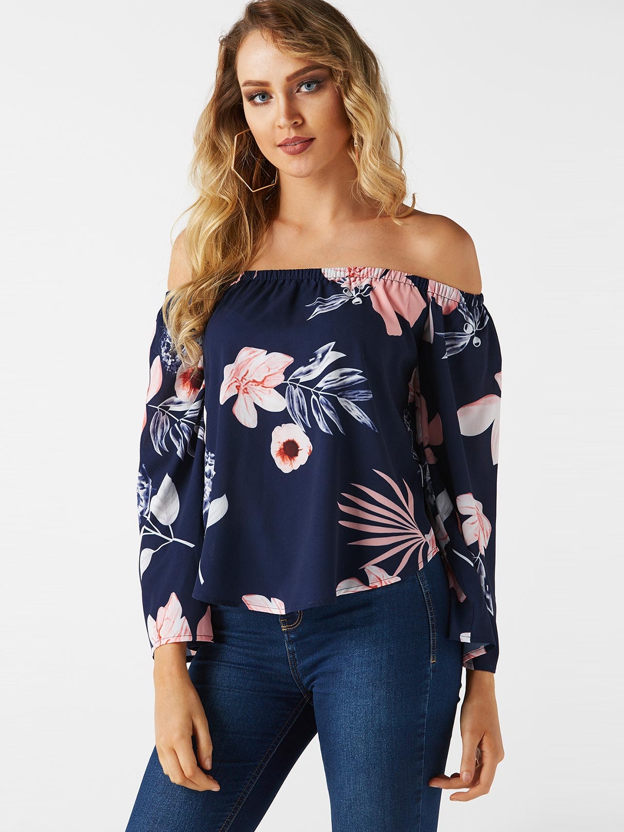 Navy Random Floral Print Off The Shoulder Long Sleeves Top