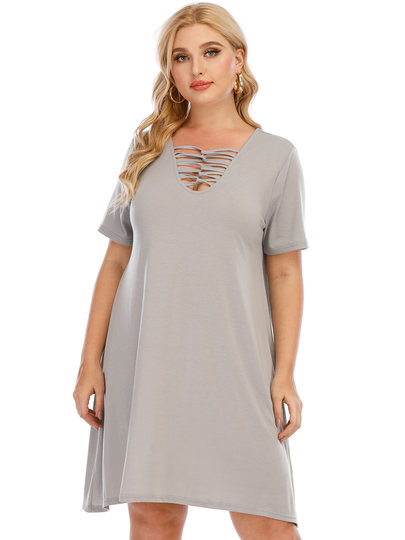 BASICS Plus Size Grey V-neck Criss-Cross Short Sleeves Dress