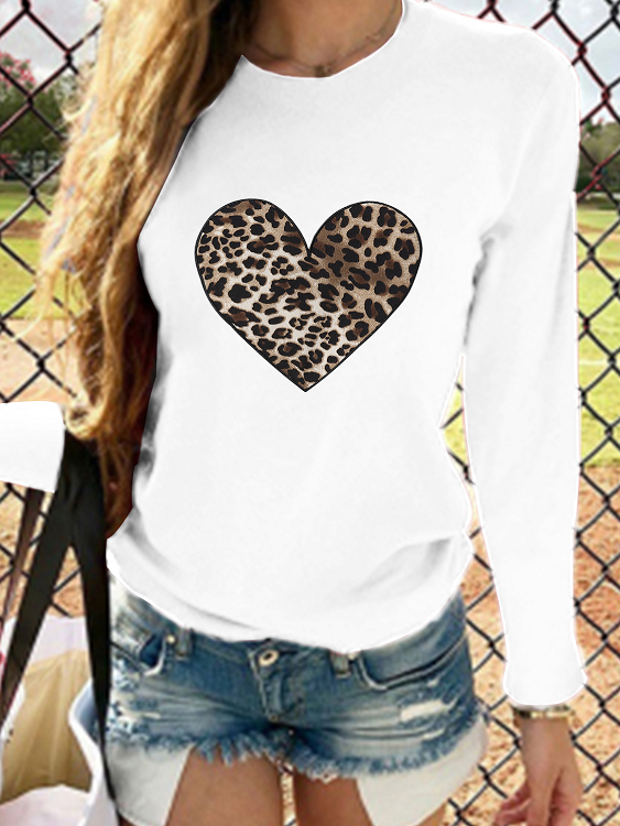 YOINS White Leopard Heart Print Crew Neck Long Sleeves Tee