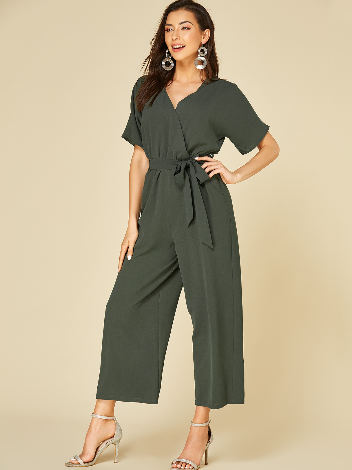 YOINS Army Green Self-tie Design V-neck Short Sleeves Jumpsuit