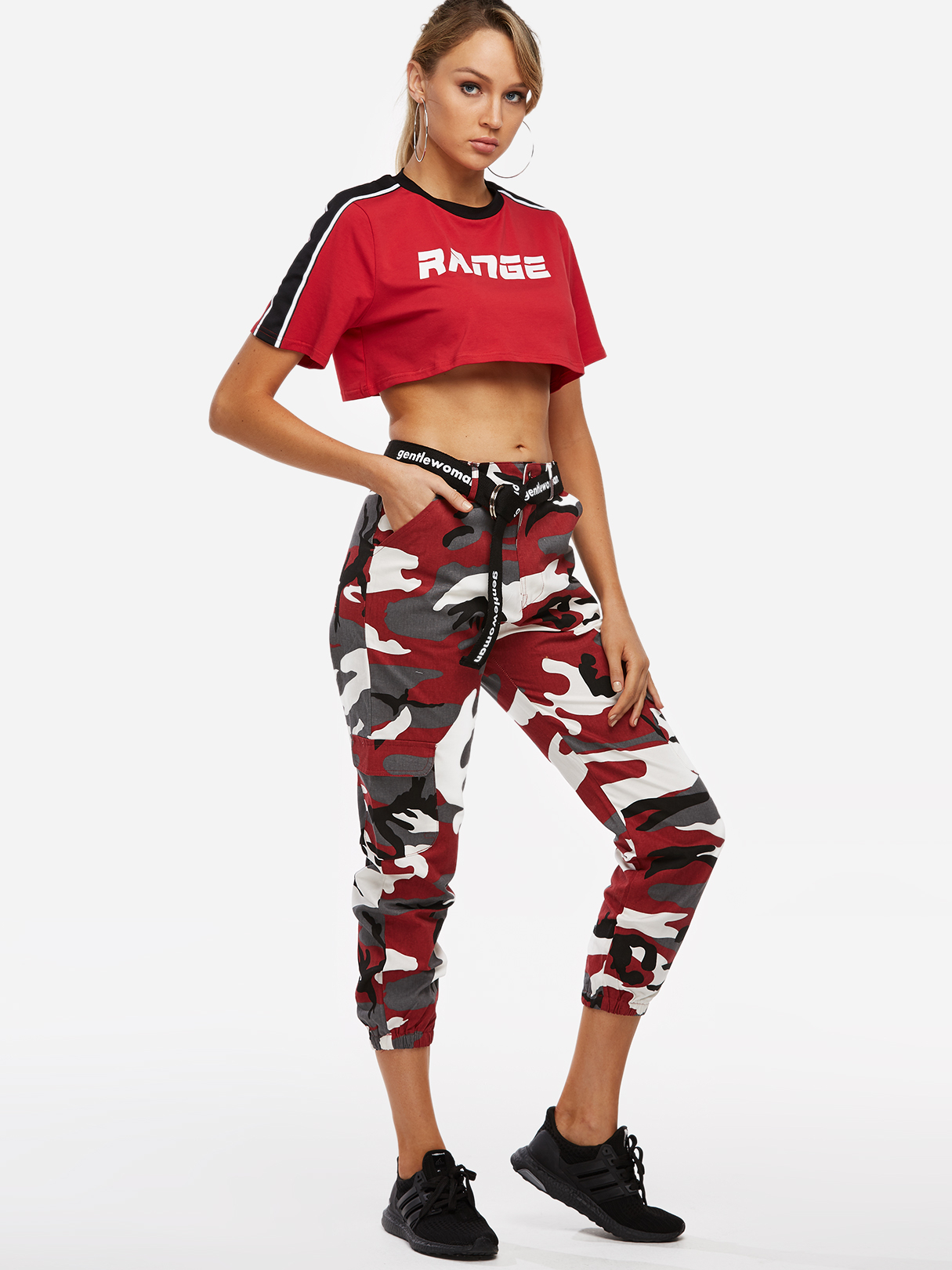Active Camouflage Pattern High Waisted Sports Pants in Burgundy
