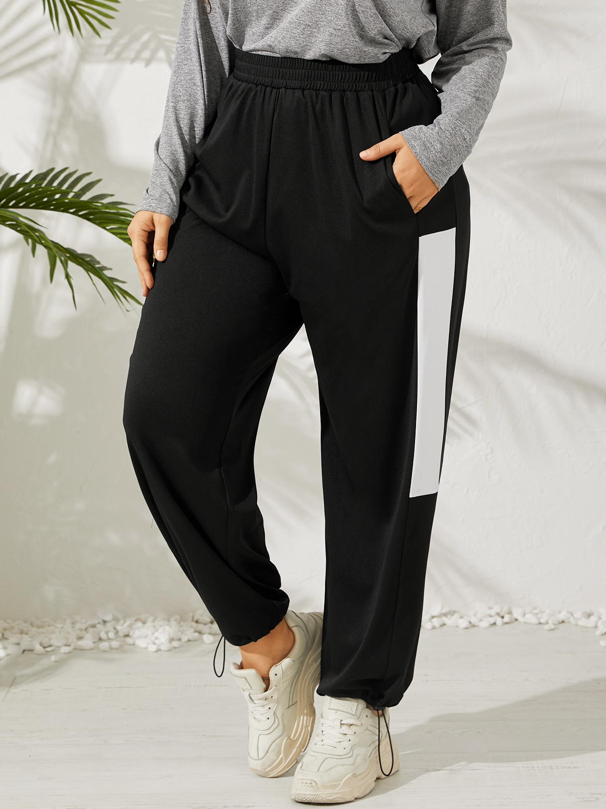 YOINS Plus Size Black Geometric Pocket Pants