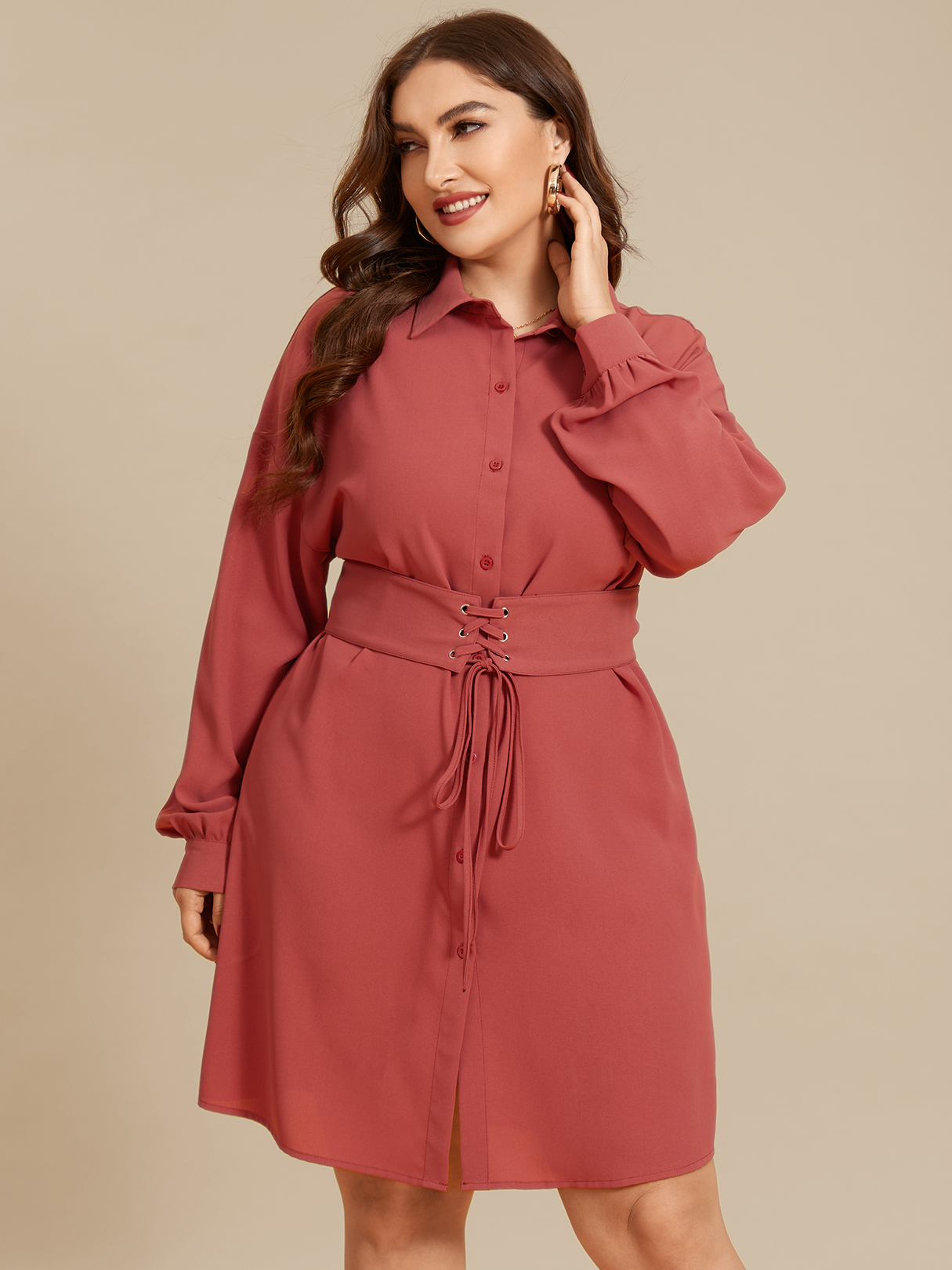 YOINS Plus Size Classic Collar Button Design Tie-up Design Long Sleeves Dress