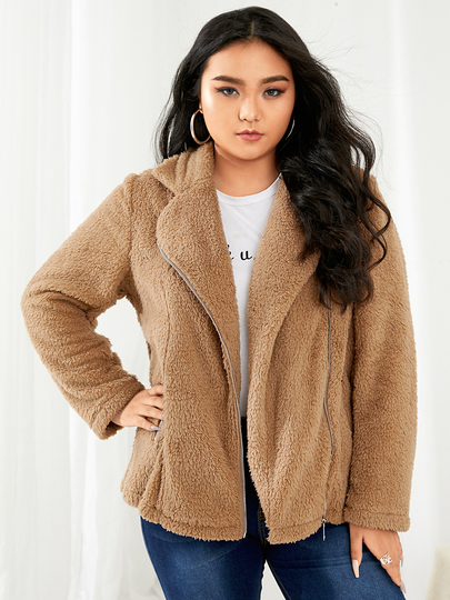 YOINS Plus Size Notch Collar Pocket Design Zip Front Long Sleeves Coat
