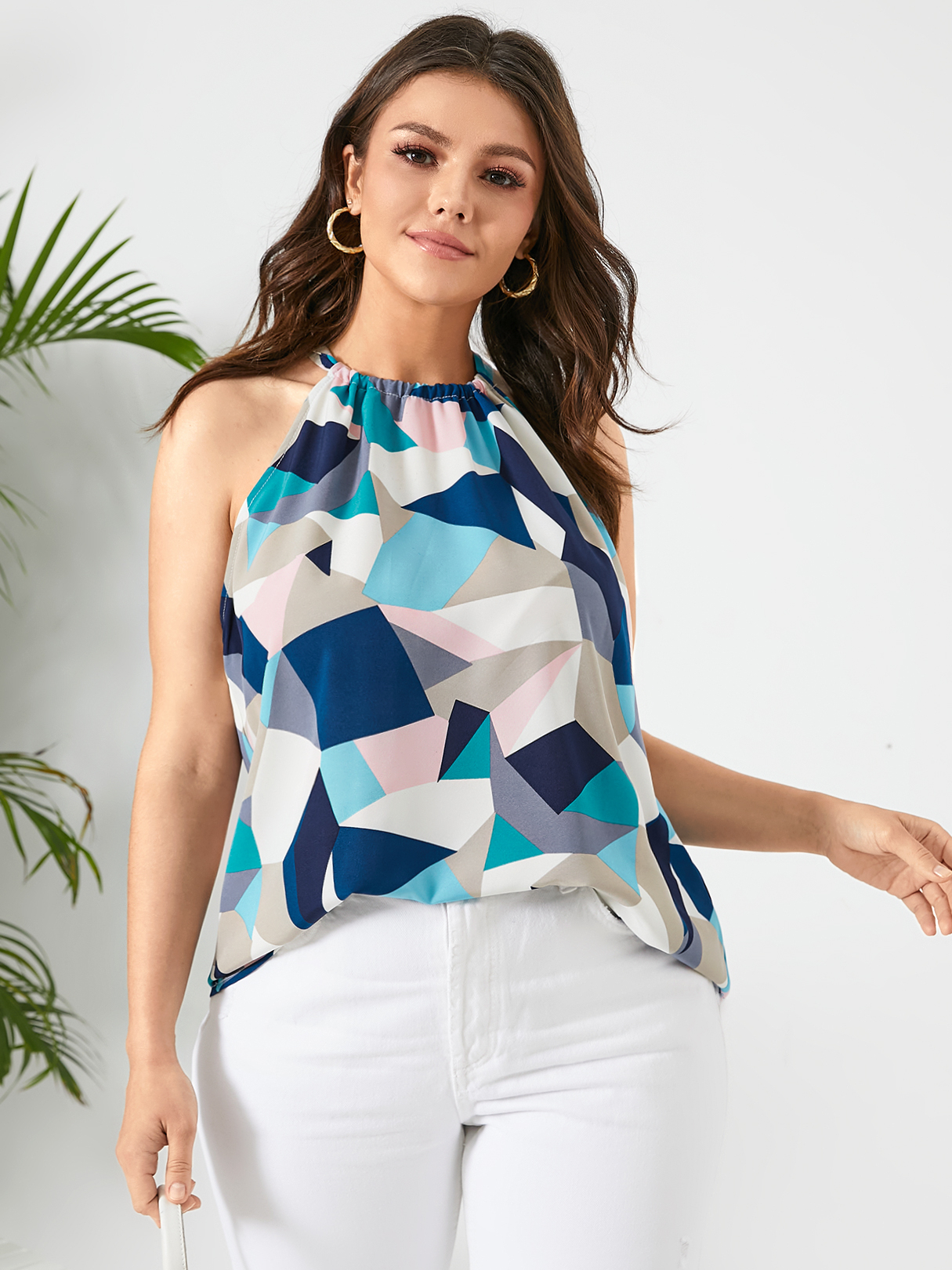 YOINS Plus Size Halter Color Block Tie-up Design Sleeveless Cami