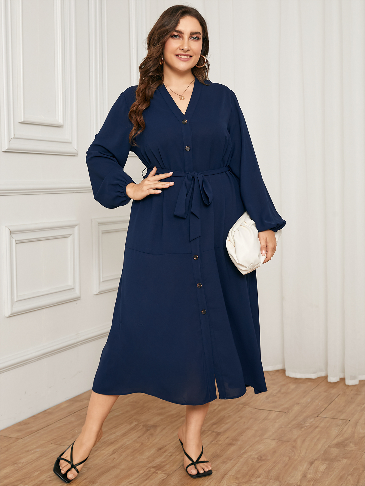 YOINS Plus Size V-neck Belt Design Front Button Tie-up Design Long Sleeves Dress