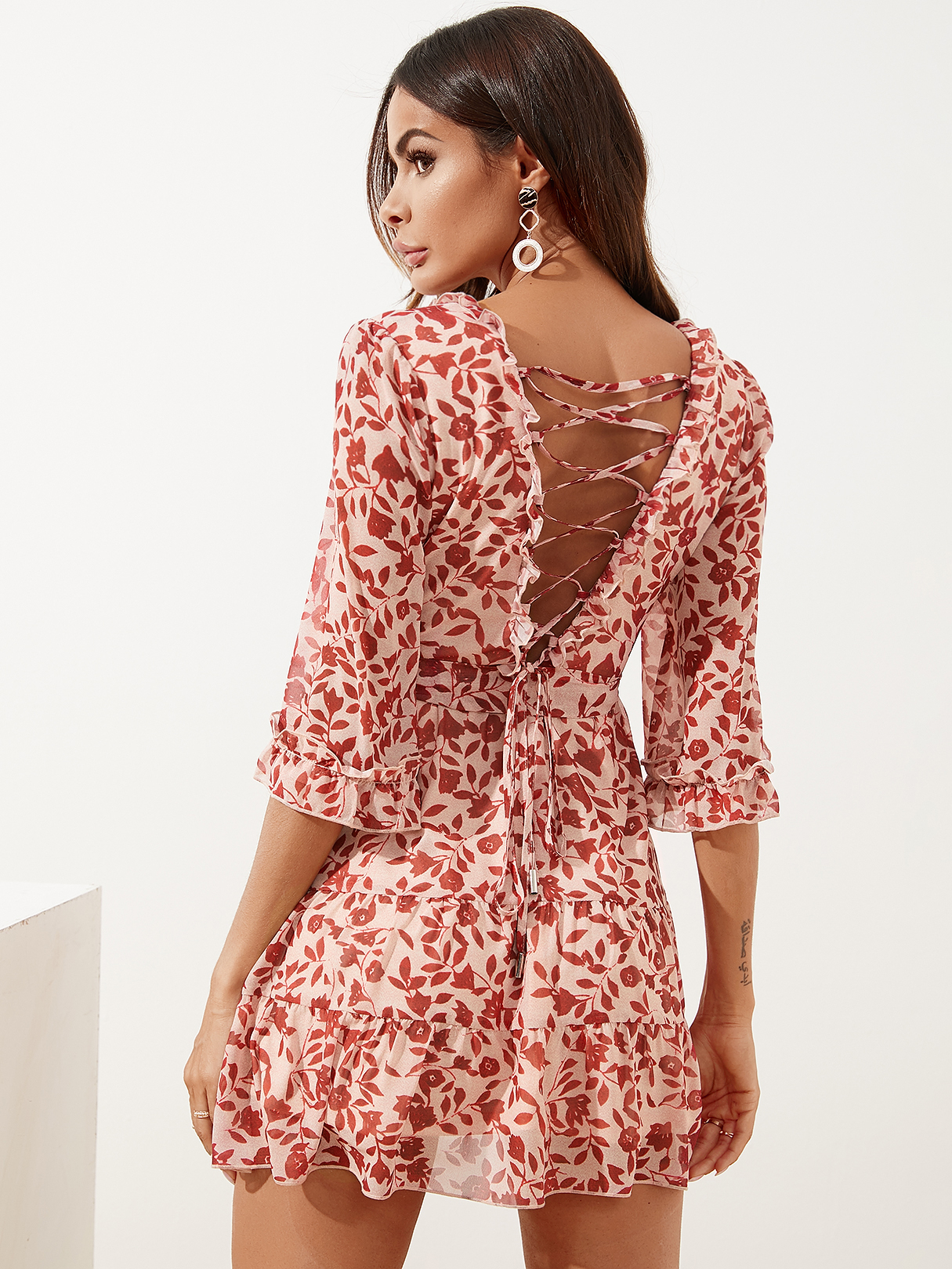 YOINS Belted Criss-cross Calico Wrap V-neck Ruffle Sleeves Dress