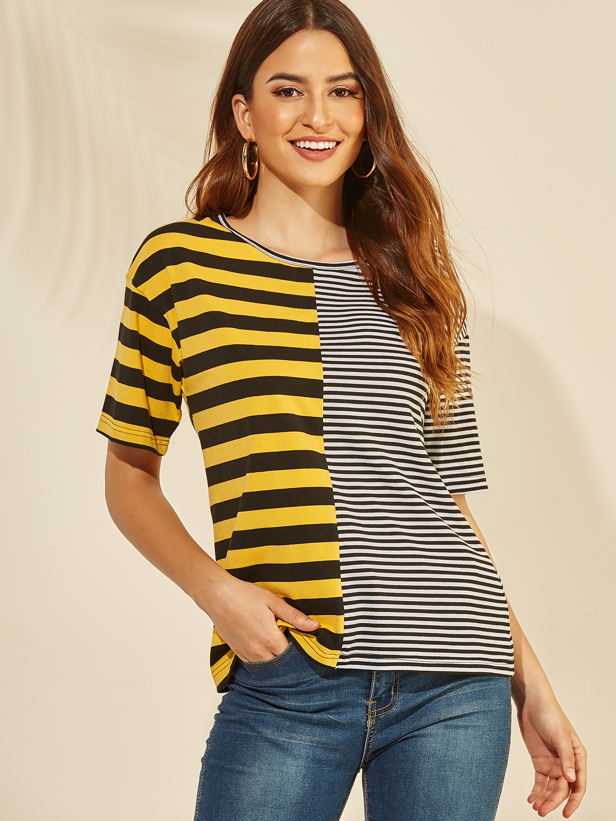 YOINS Multicolor Round Neck Short Sleeves Color Matching Tee