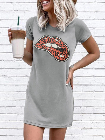 Grey Leopard Lip Print Crew Neck Short Sleeves Dress