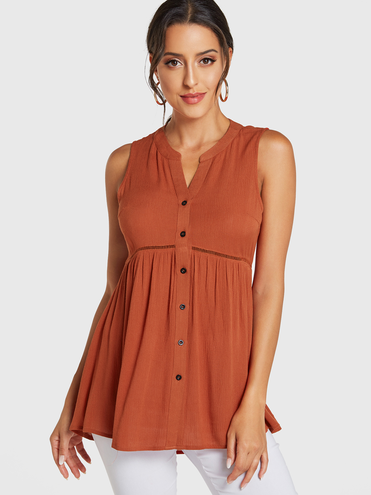 Rust V-neck Front Button Pleated Tank Top