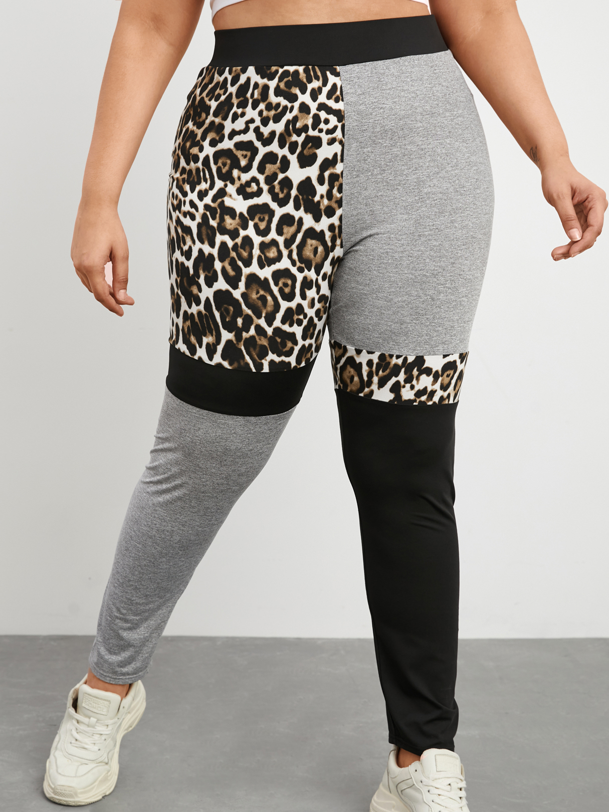 YOINS Plus Size Leopard Patchwork Elastic Strap Yoga Pants Leggings
