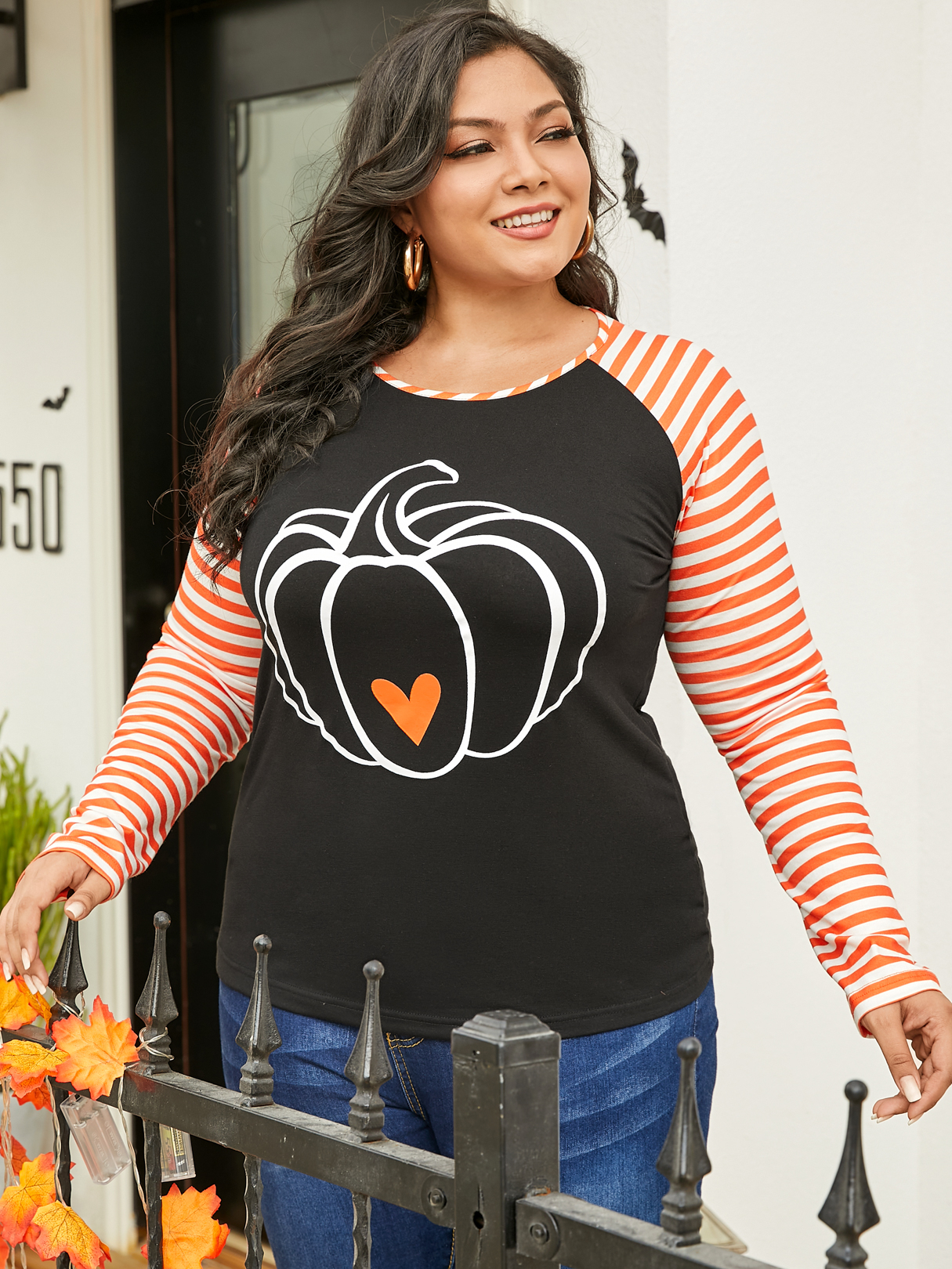 Plus Size Round Neck Striped Long Sleeves Tee