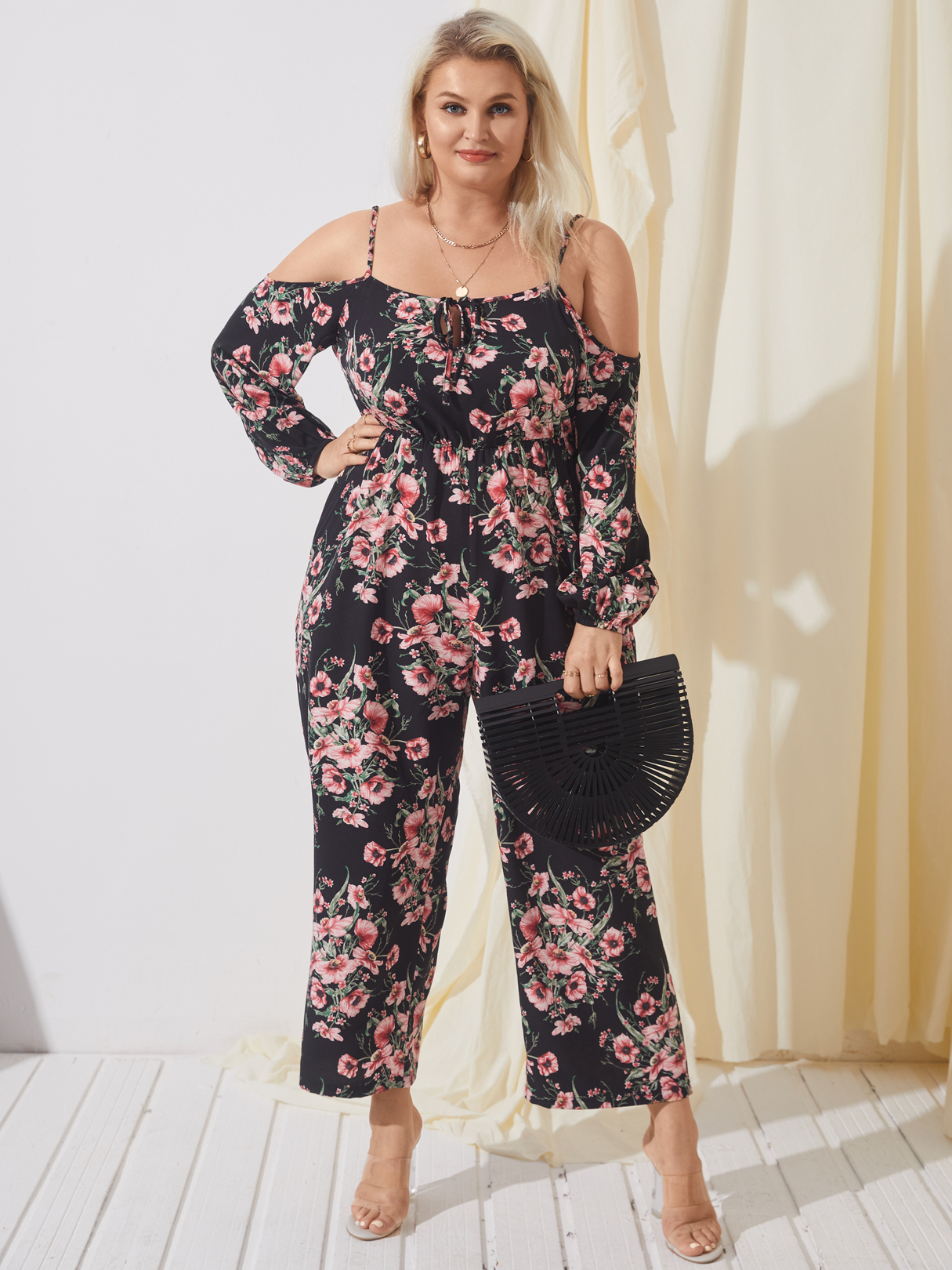 YOINS Plus Size Cold Shoulder Floral Print Long Sleeves Jumpsuit