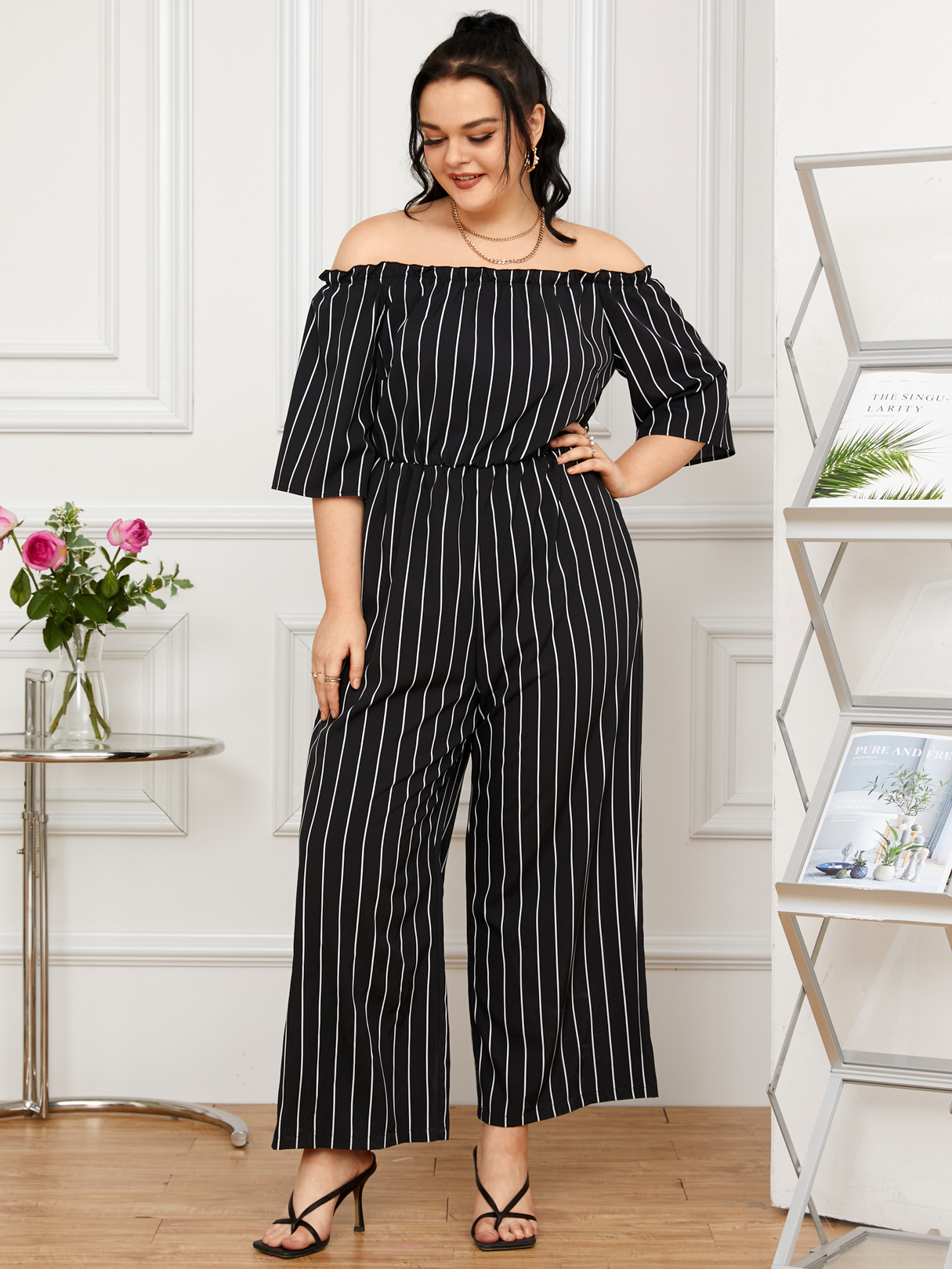 YOINS Plus Size Off The Shoulder Striped Half Sleeves Jumpsuit