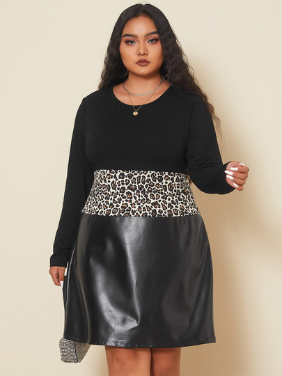 YOINS Plus Size Patchwork Leopard Long Sleeves Dress
