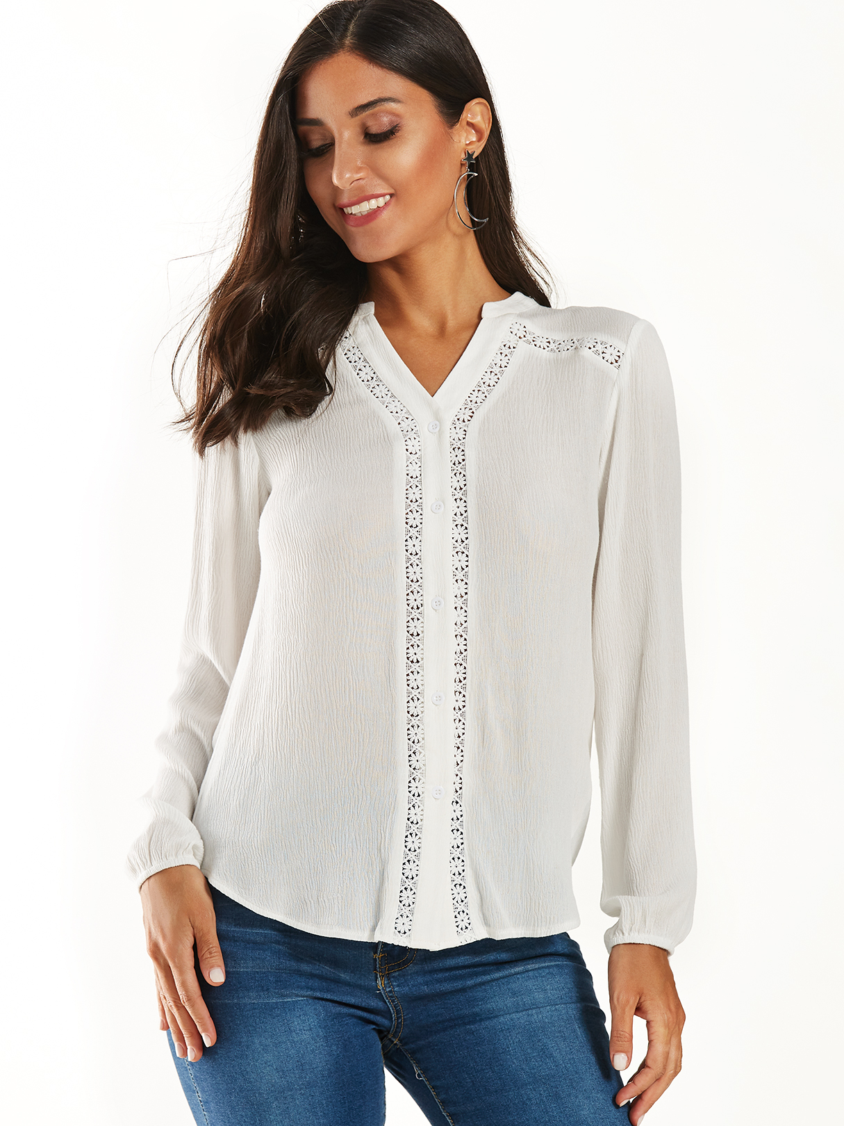 YOINS White Button Design Lace Details Elastic Sleeves Blouse