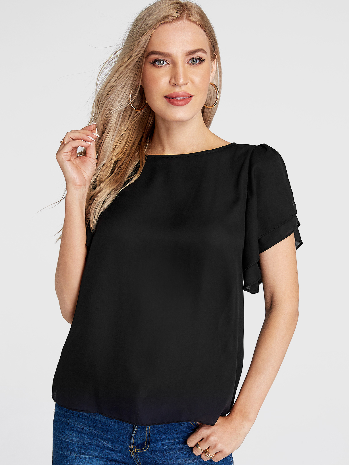 Black Round Neck Split Ruffle Sleeves Chiffon Blouse