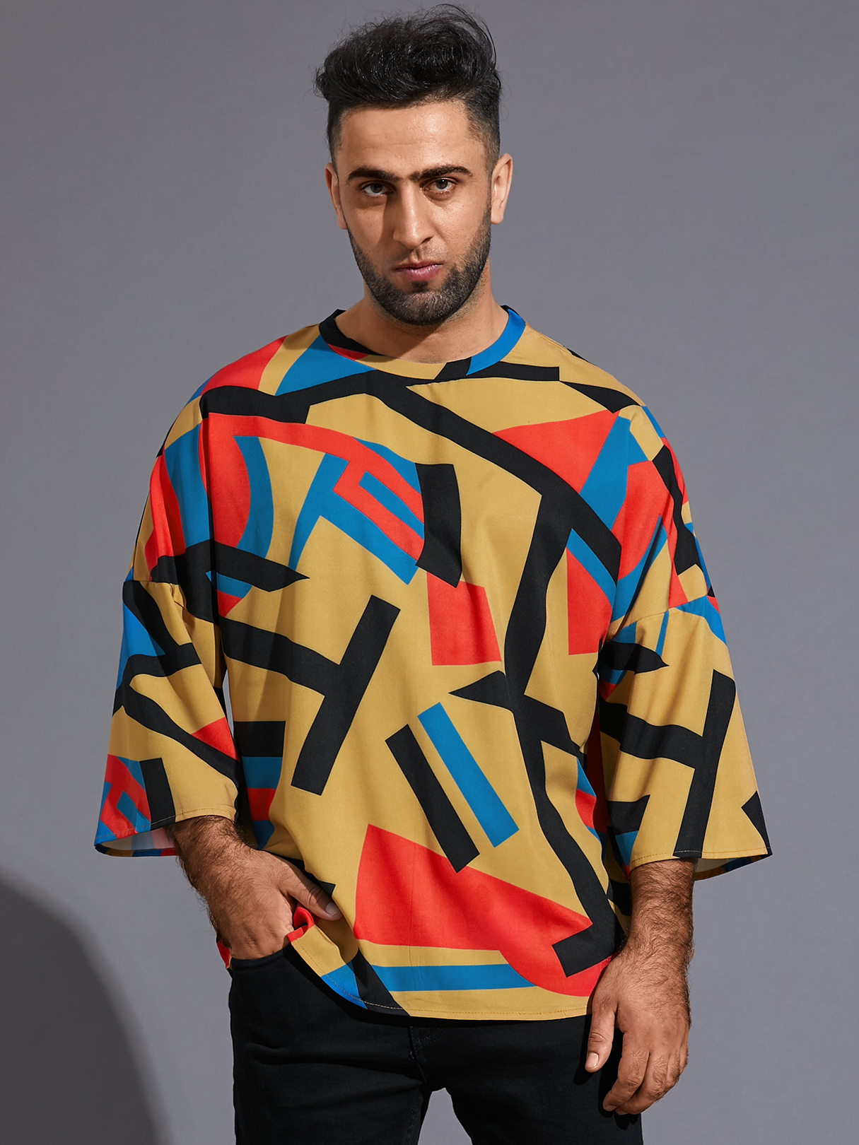 Men Casual Color Block Geometric 3/4 Length Sleeve Multicolor T-Shirt