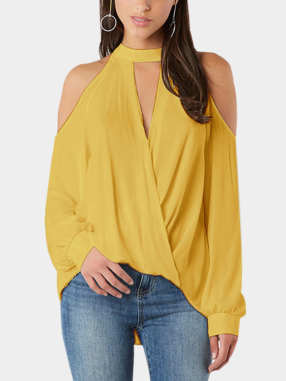 Yellow Crossed Front Design Cold Shoulder V-neck Lantern Sleeves Top