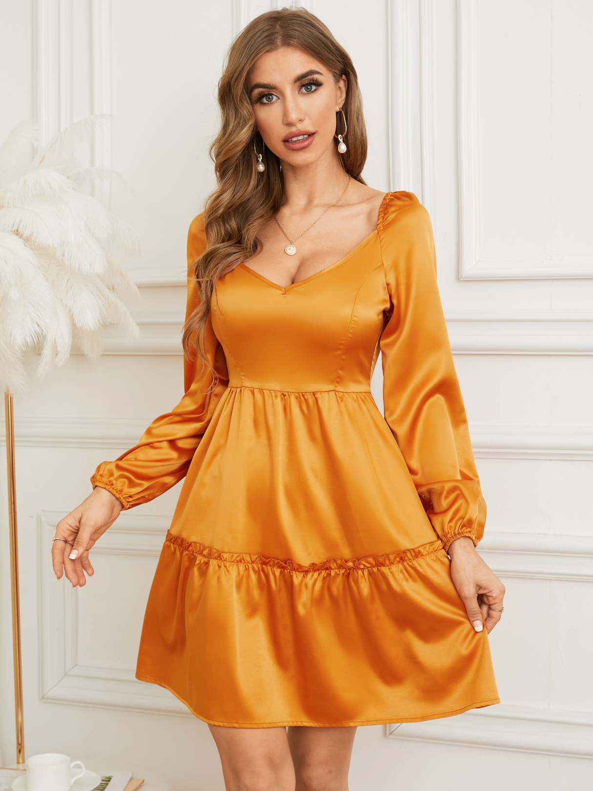 YOINS V-neck Lettuce-Edge Long Sleeves Mini Dress