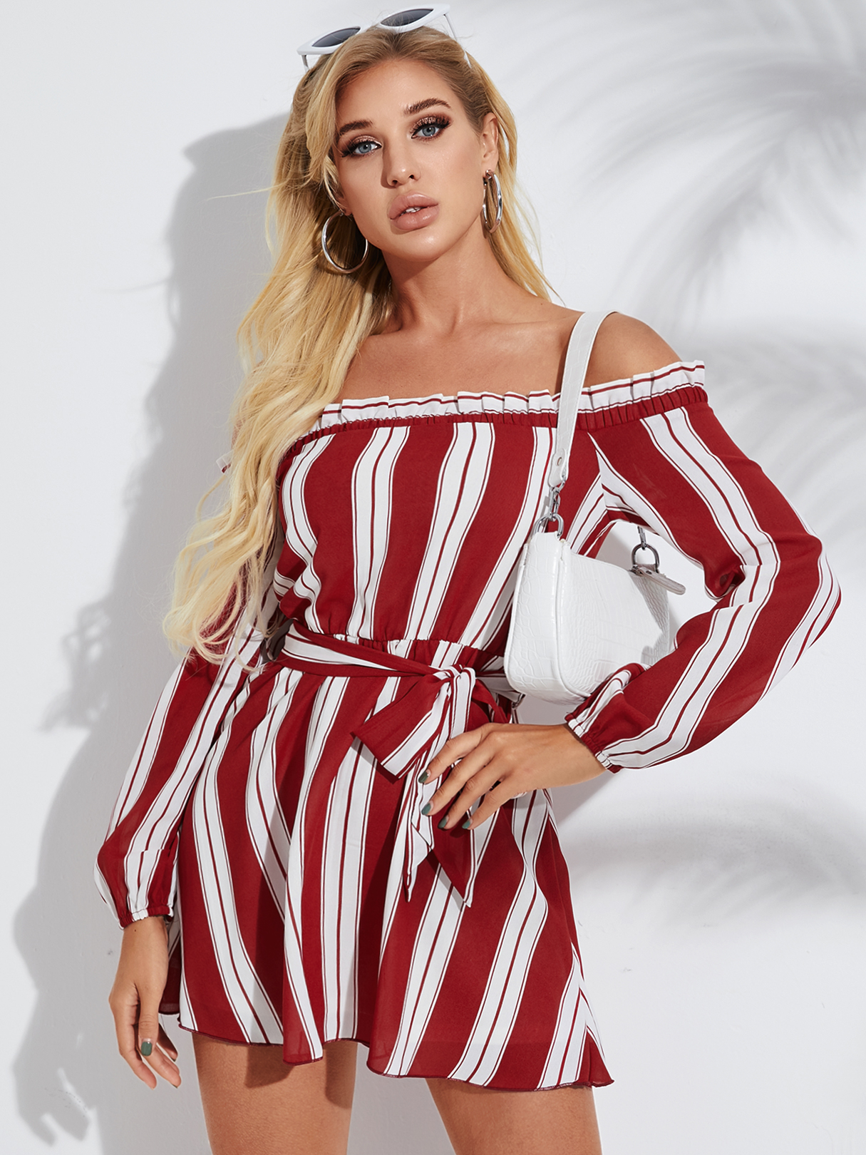 YOINS Red Striped Belted Off The Shoulder Long Sleeves Dress