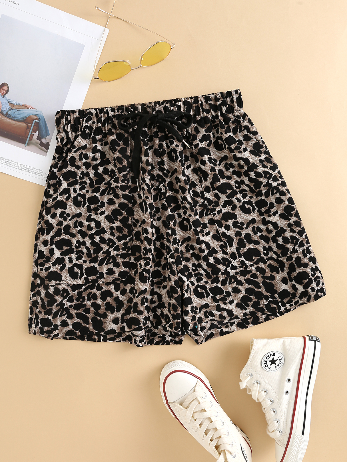 YOINS Brown Leopard Side Pocket Drawstring Waist Shorts