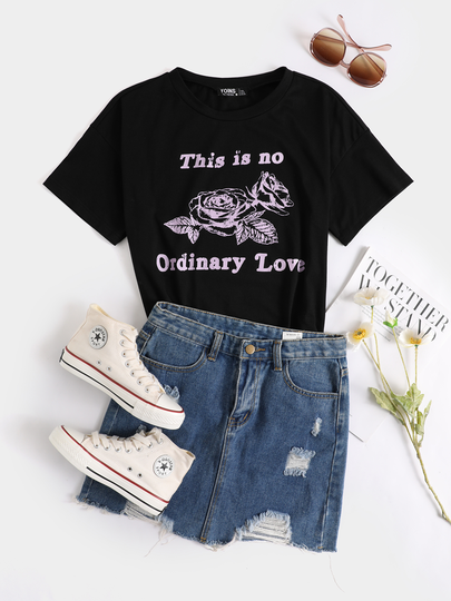 YOINS Letter & Rose Print Crew Neck Short Sleeves Tee