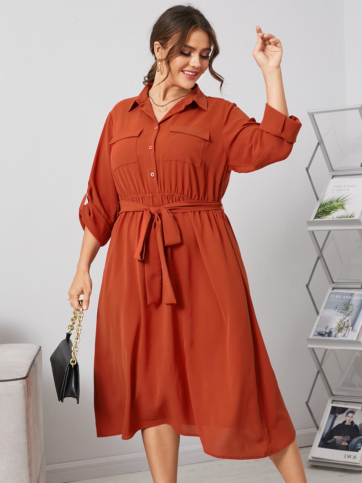 YOINS Plus Size Classic Collar Belt Design Front Button Pocket Long Sleeves Dress