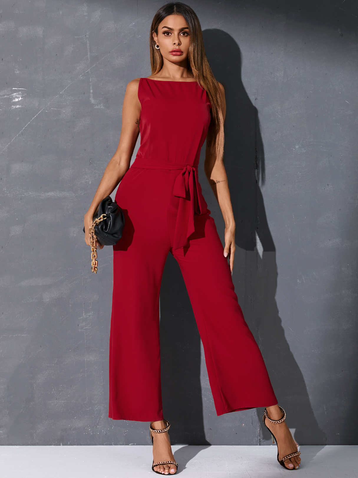 YOINS Burgundy Boat Neck Backless design Sleeveless Jumpsuits