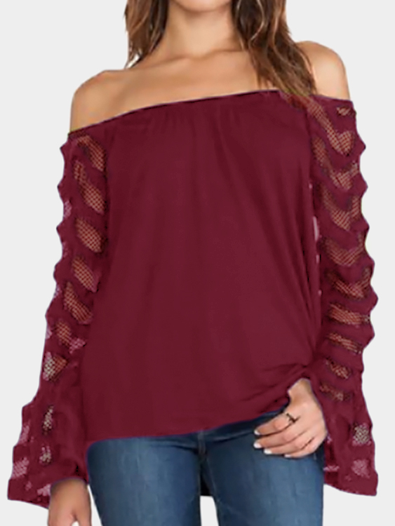 Burgundy Off The Shoulder Long Sleeves Patchwork Design Top