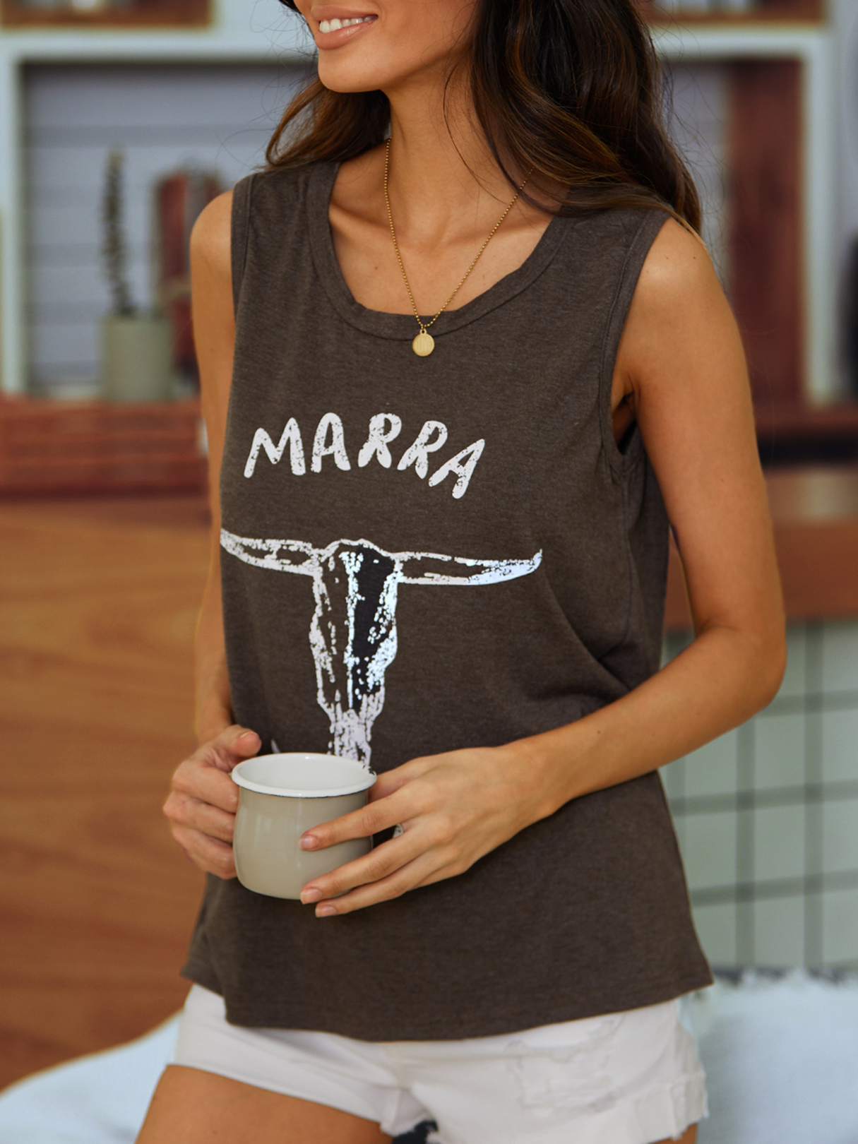 YOINS Khaki Letter Round Neck Sleeveless Tank Top