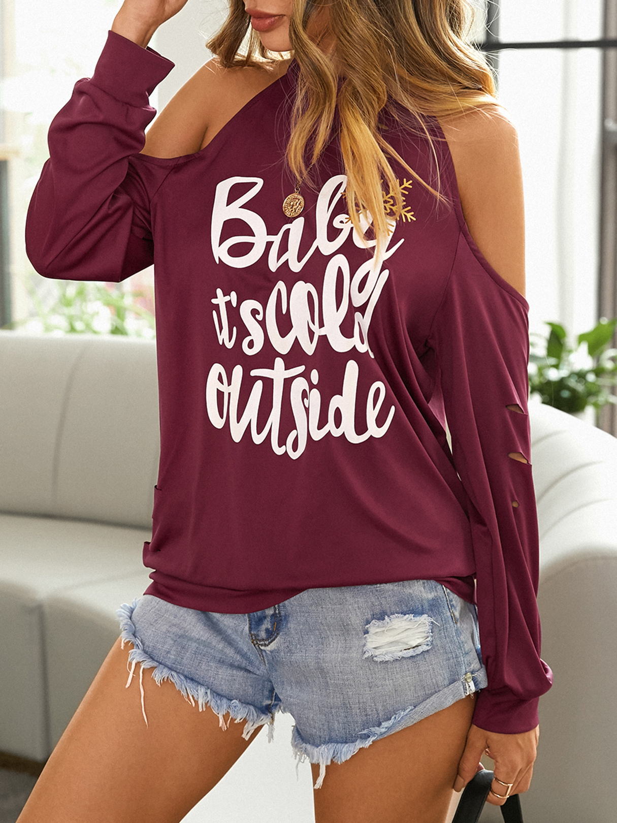YOINS Burgundy Letter Ripped Cold Shoulder Long Sleeves Sweatshirt