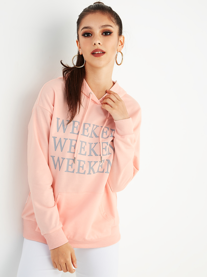 Pink Letter Drawstring Design Kangaroo Pocket Hoodies